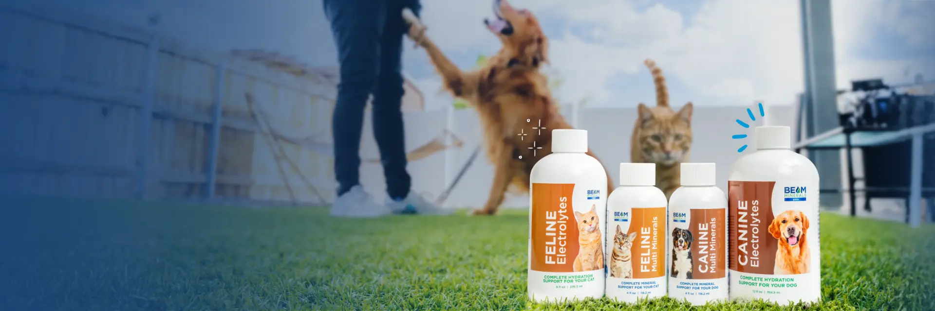 BEAM Minerals Pets canine and feline mineral bottles on grass with a dog and cat playing